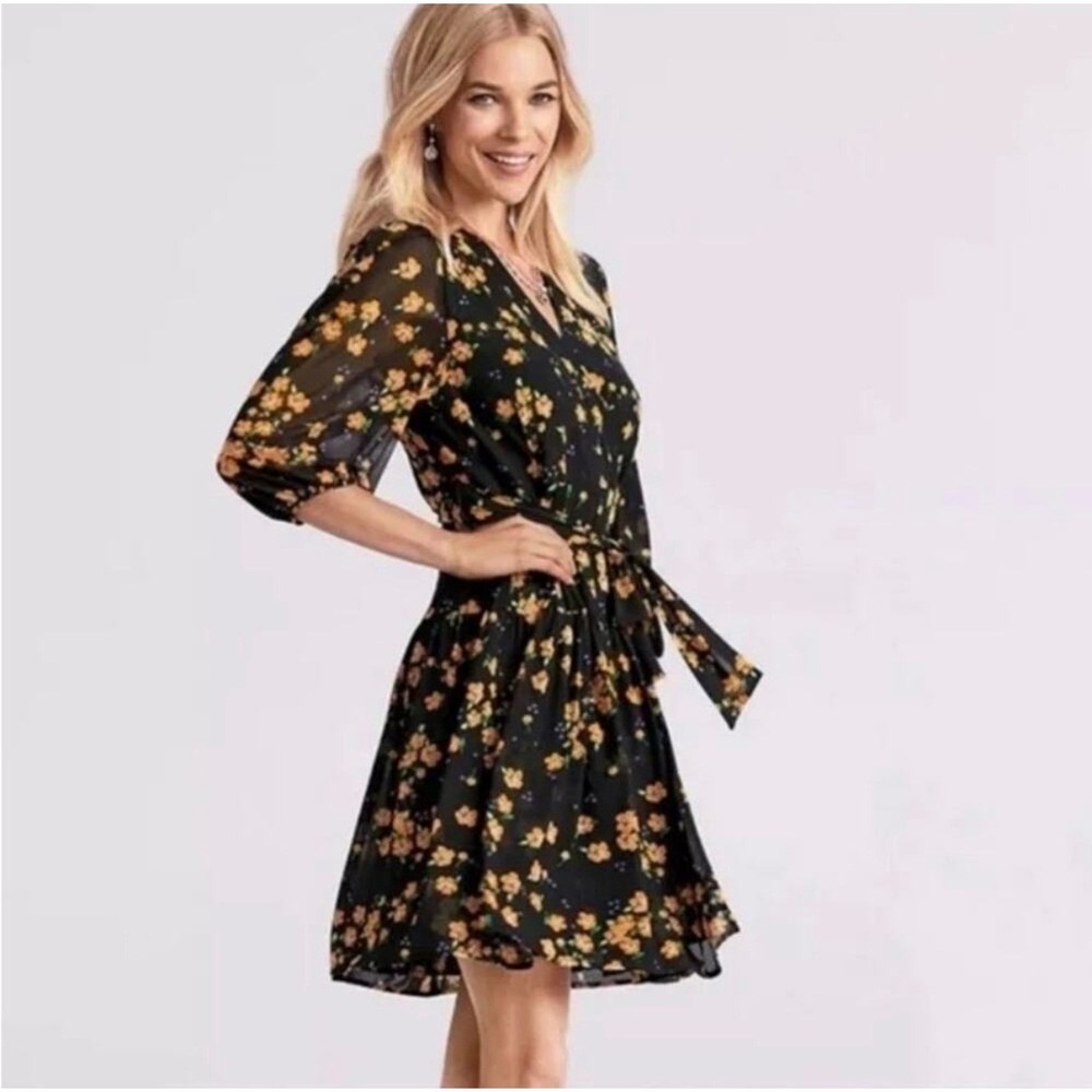 Cabi Debut Wrap Dress Fiesta Floral Black 3/4 Sleeve Tie Waist Size Small